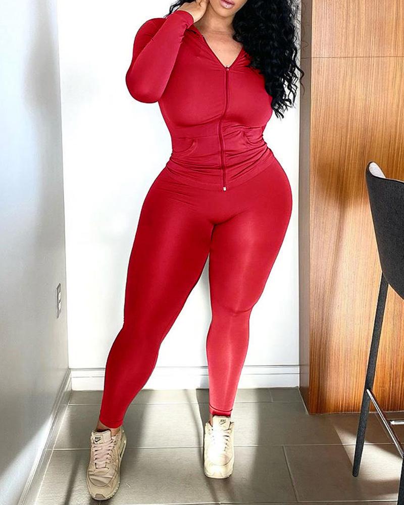 

Long Sleeve Hooded Zip Up Top & Pants Set, Red