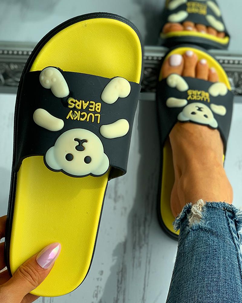 

Cartoon Letter Pattern Colorblock Casual Slippers, Black