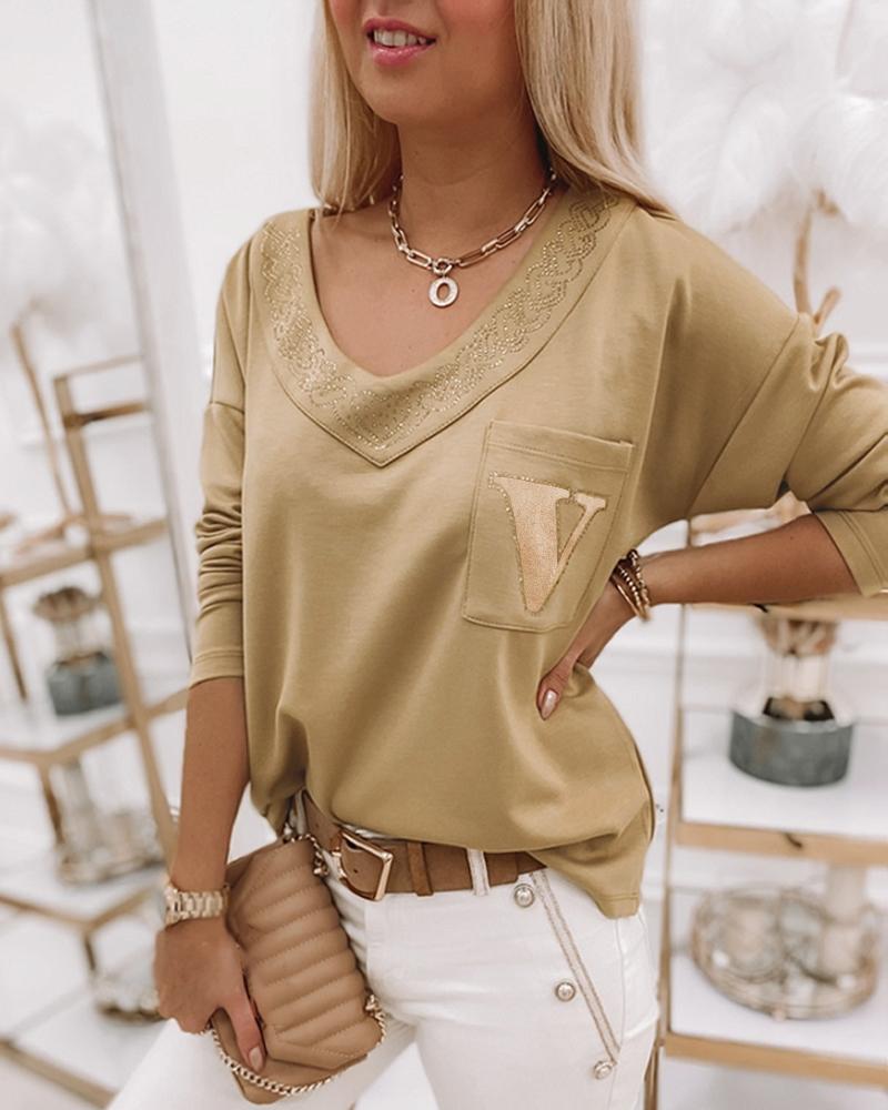 

V Neck Long Sleeve Rhinestone Top, Khaki