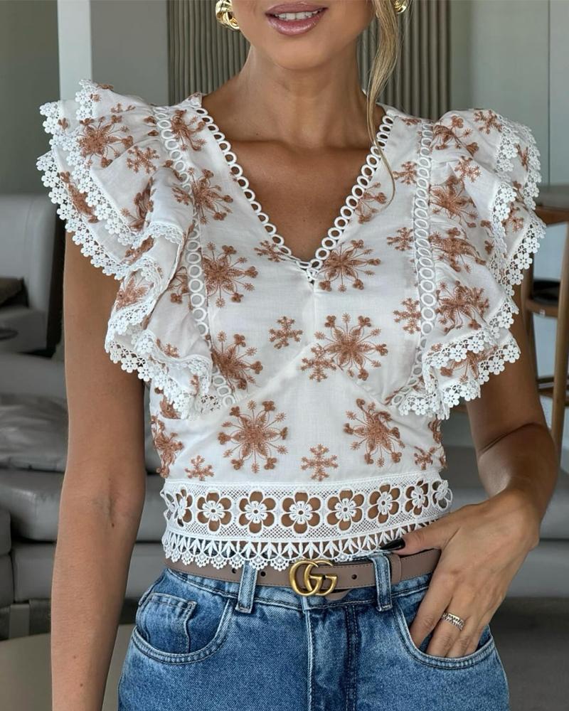 

Floral Embroidery Lace Patch Ruffles Top, White