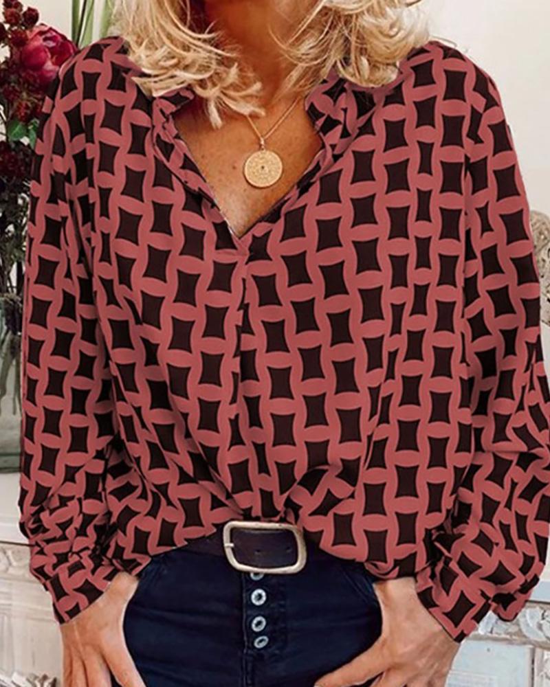 

Geo Print Long Sleeve Casual Blouse, Red