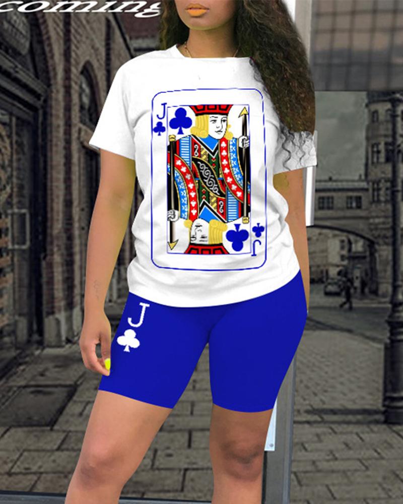 

Plus Size Poker Print Casual Top & Shorts Set, Blue