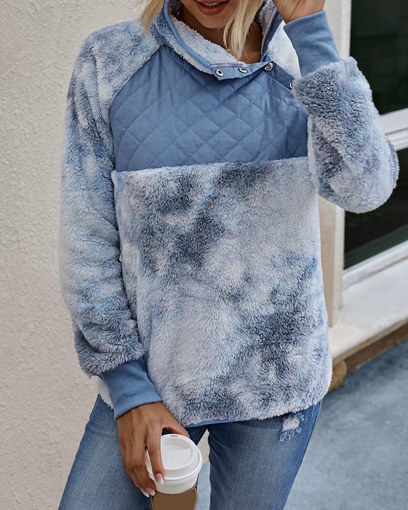 

Fluffy Button Design Tie Dye Print Fleece Sweatshirt, Light blue