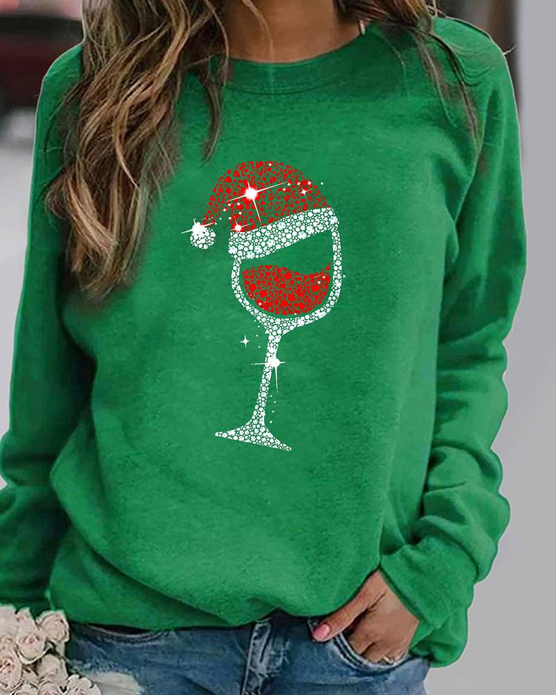 

Christmas Print Long Sleeve Sweatshirt, Green
