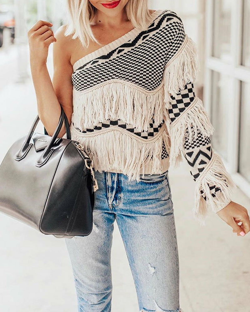 

Geo Print One Shoulder Tassel Detail Sweater, Black