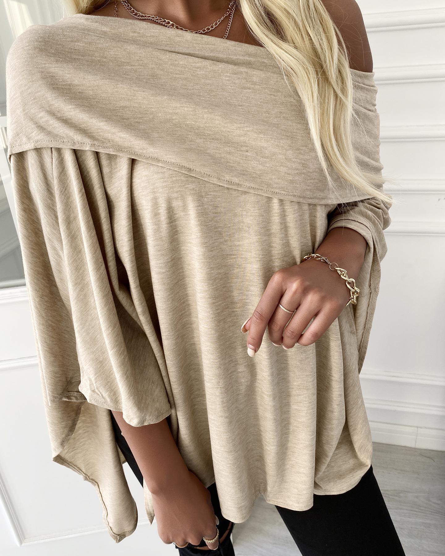 

Off Shoulder Long Sleeve Plain Top, Khaki