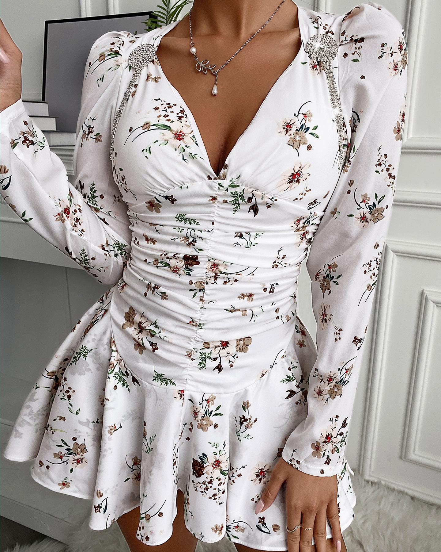 

Floral Print Ruched Puff Sleeve Dress, White