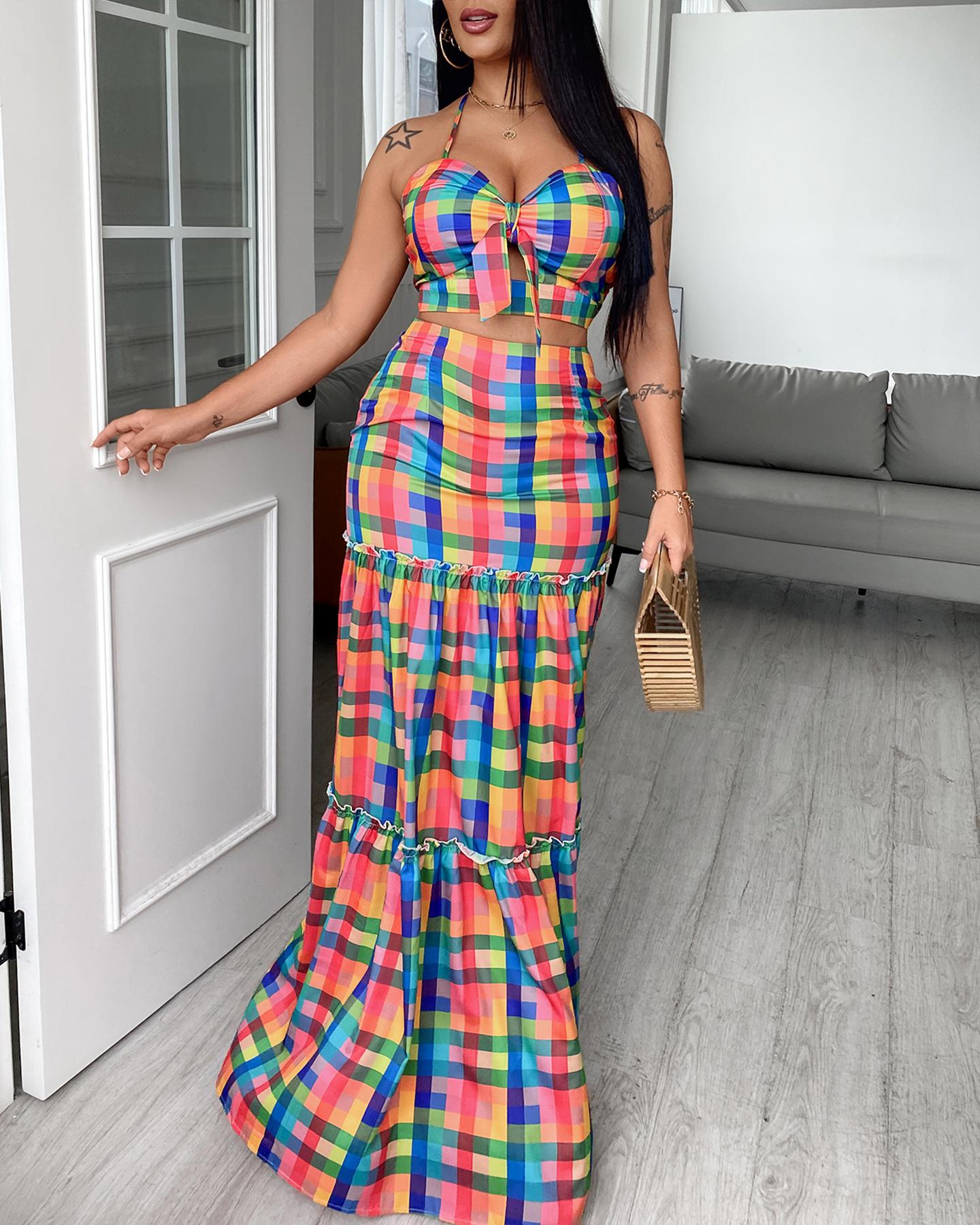 

Plaid Print Spaghetti Strap Top & Ruffles Hem Skirt Set, Multicolor