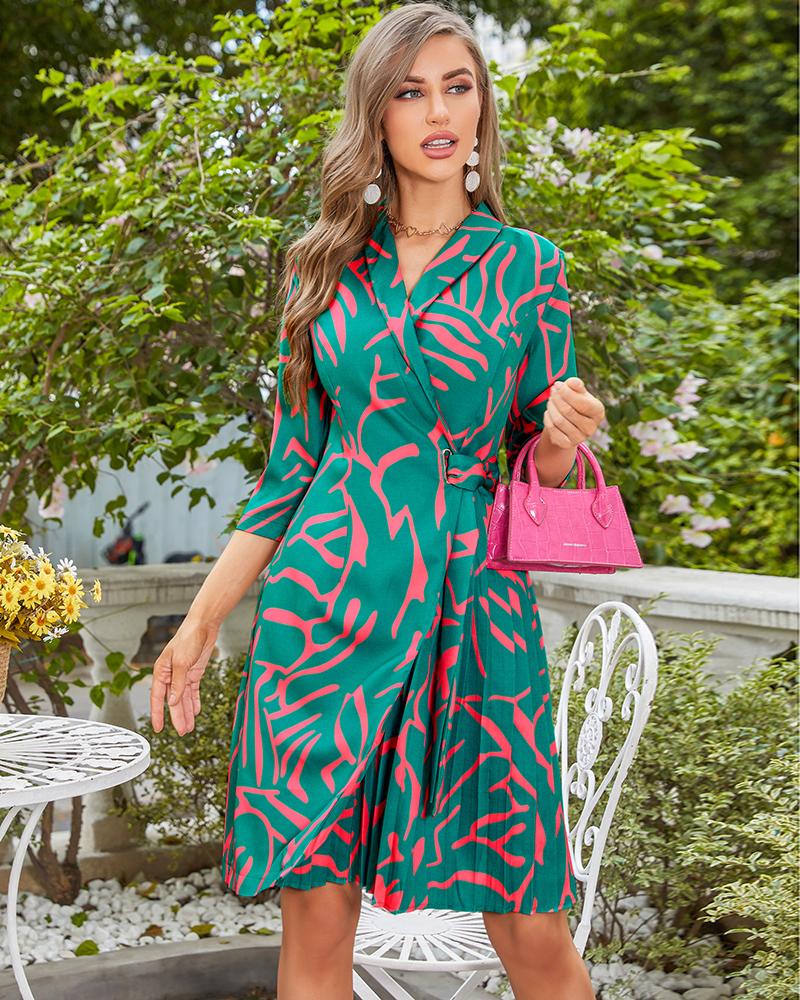 

Allover Print Pleated Detail Blazer Dress, Green