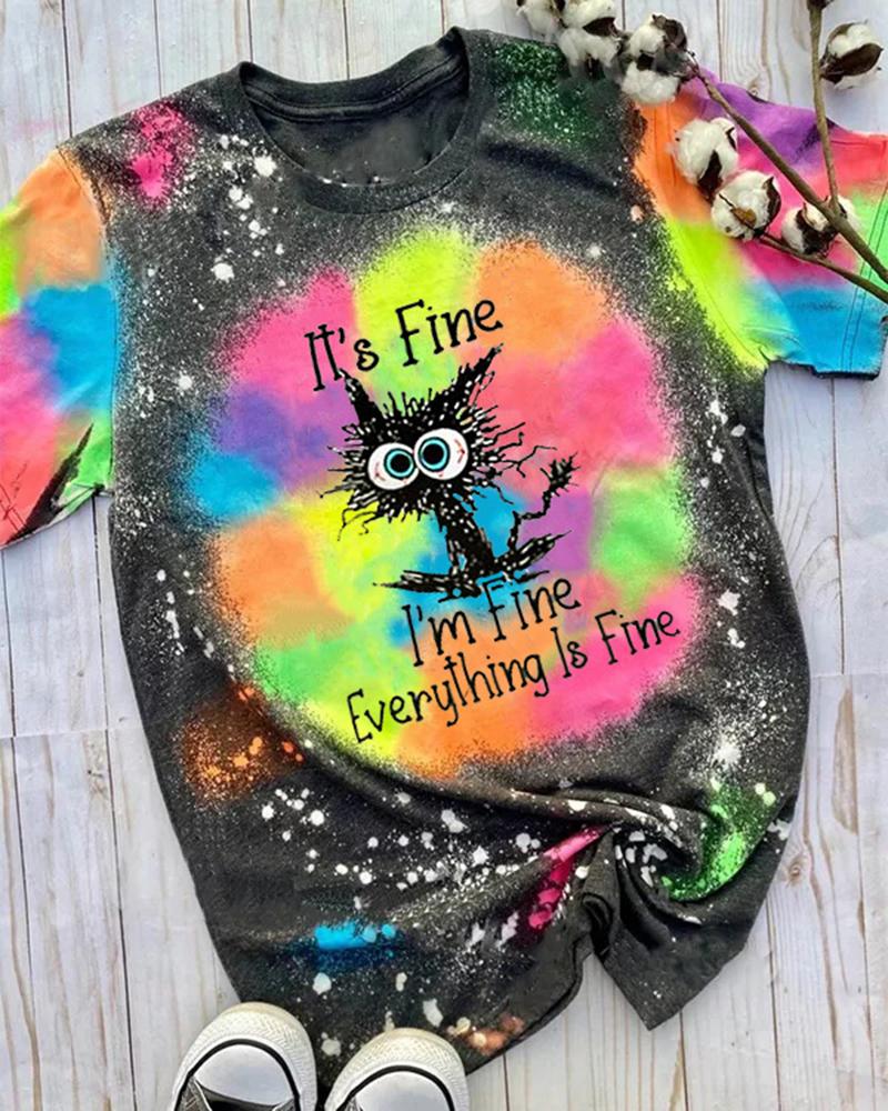 

Cat Tie Dye Print Crew Neck Graphic Tee Fashion Street Casual Summer T-Shirt, Multicolor