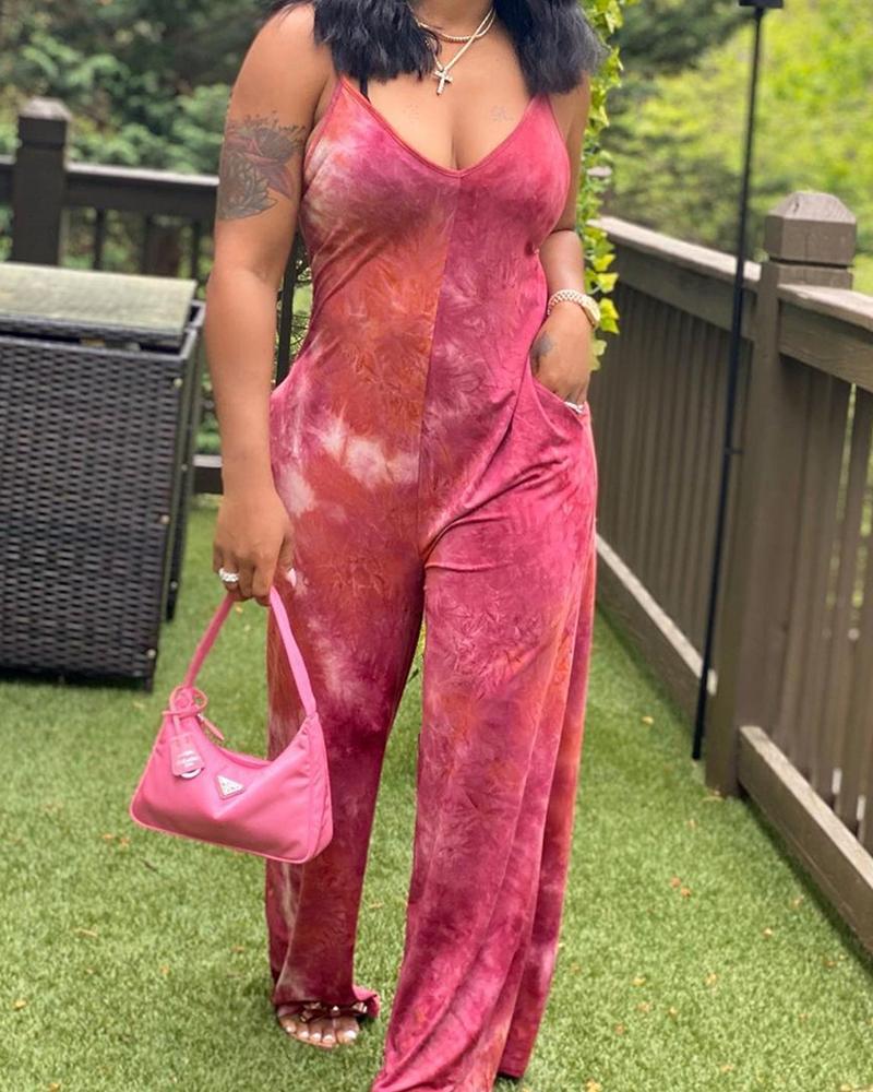

Tie Dye Sleeveless Loose Wide Leg Jumpsuit, Hot pink