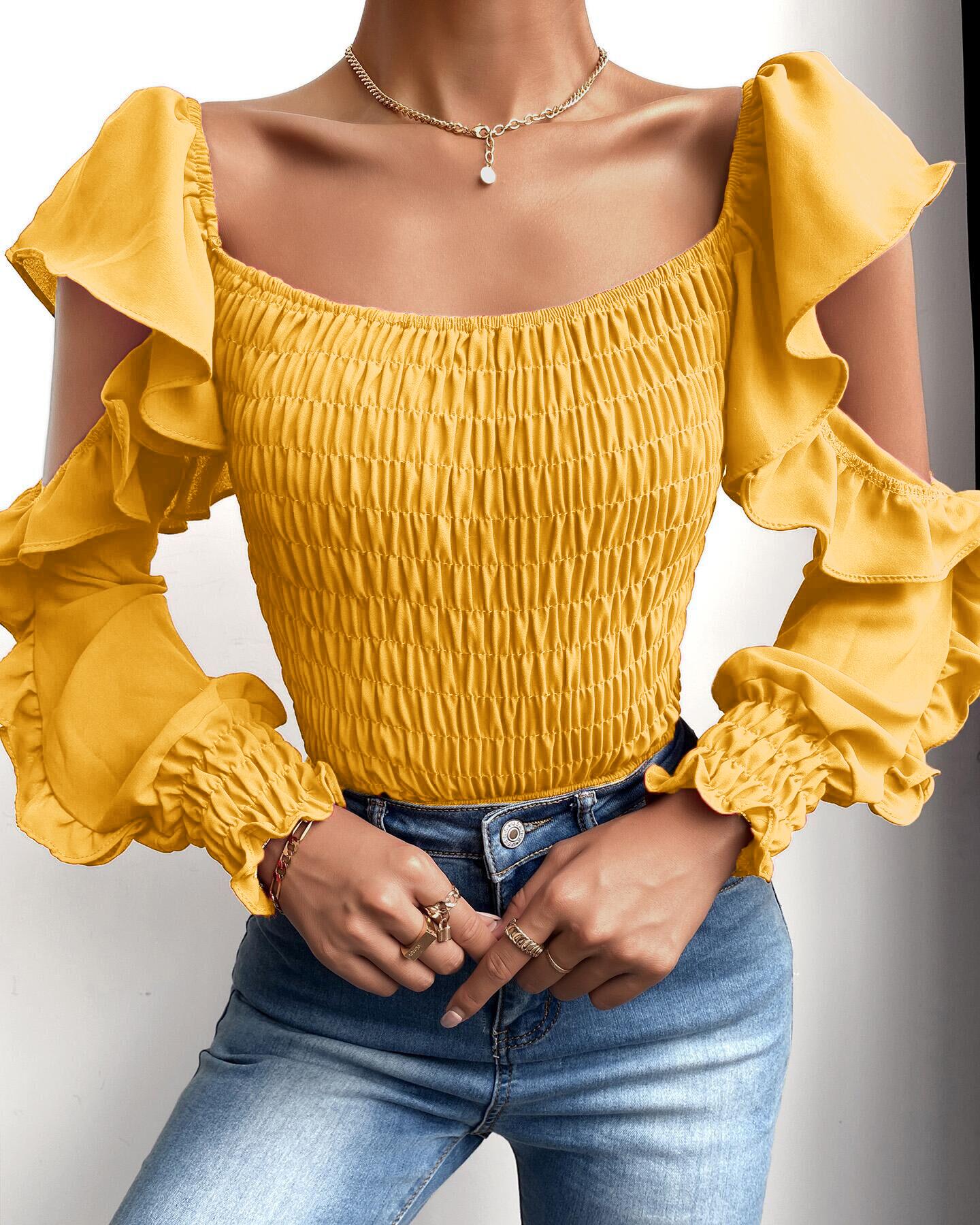 

Ruffles Frill Hem Cutout Shirring Detail Top, Yellow