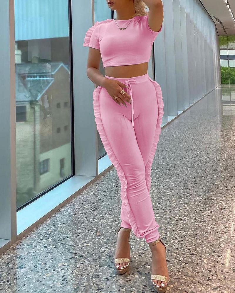 

Frill Hem Short Sleeve Top & Drawstring Pants Set, Pink