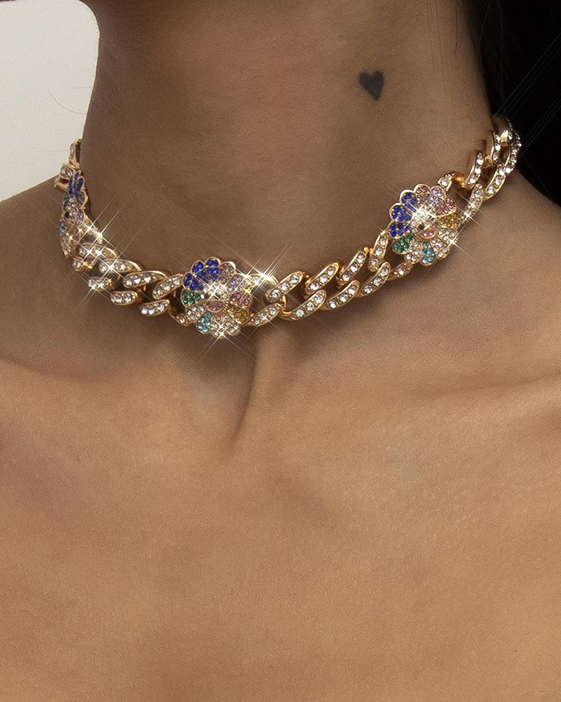 

Hip Hop Cuban Chain Sun Flower Pattern Rhinestone Choker, Gold