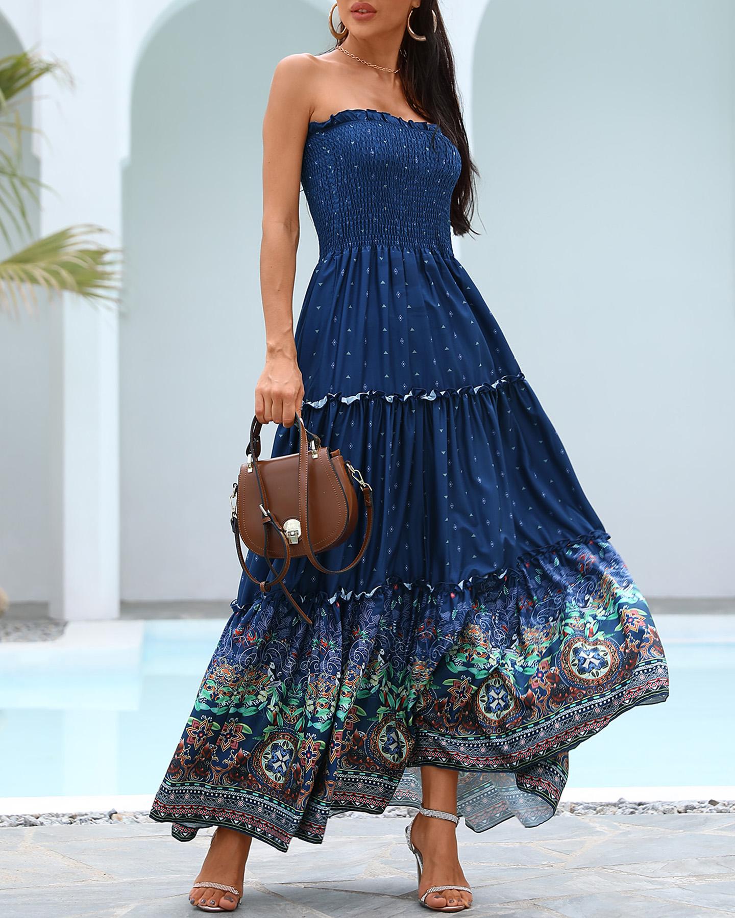 

Bandeau Ethnic Print Shirring Design Ruffles Maxi Dress, Blue