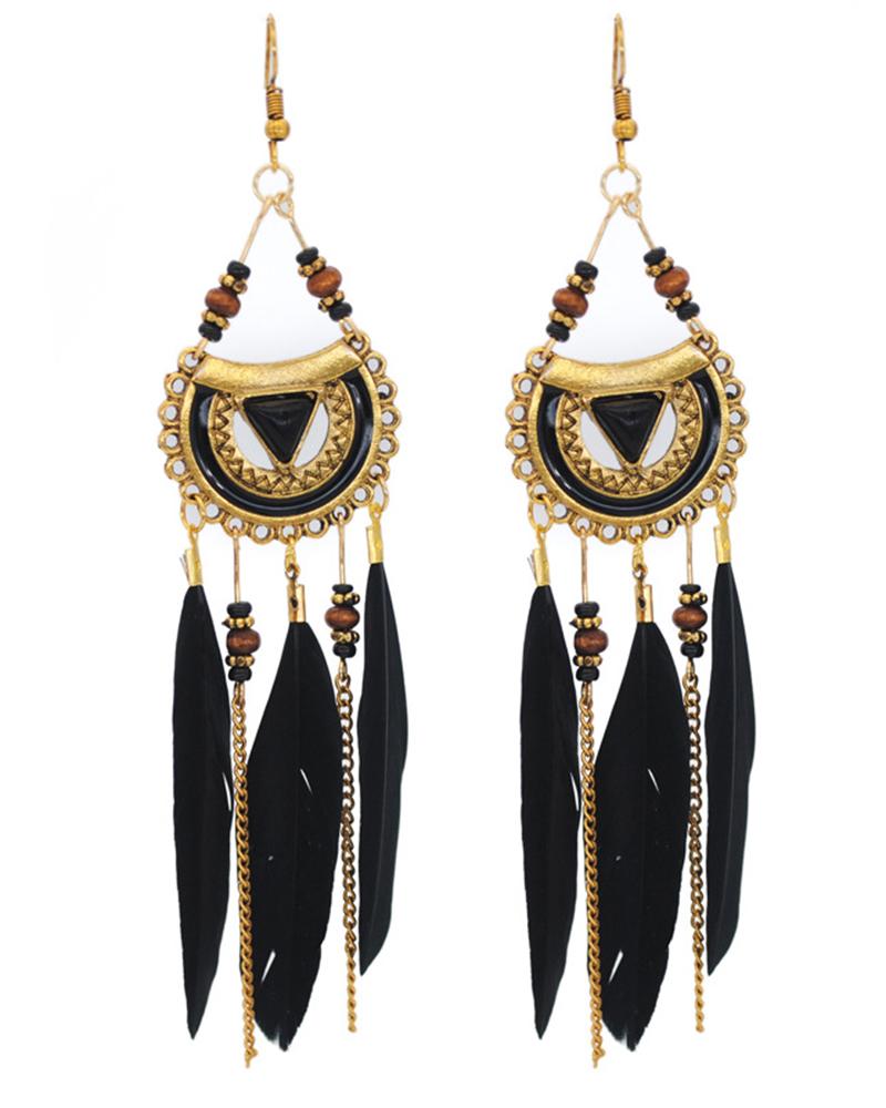 

1Pair Bohemian Waterdrop Feather Drop Earrings, Black