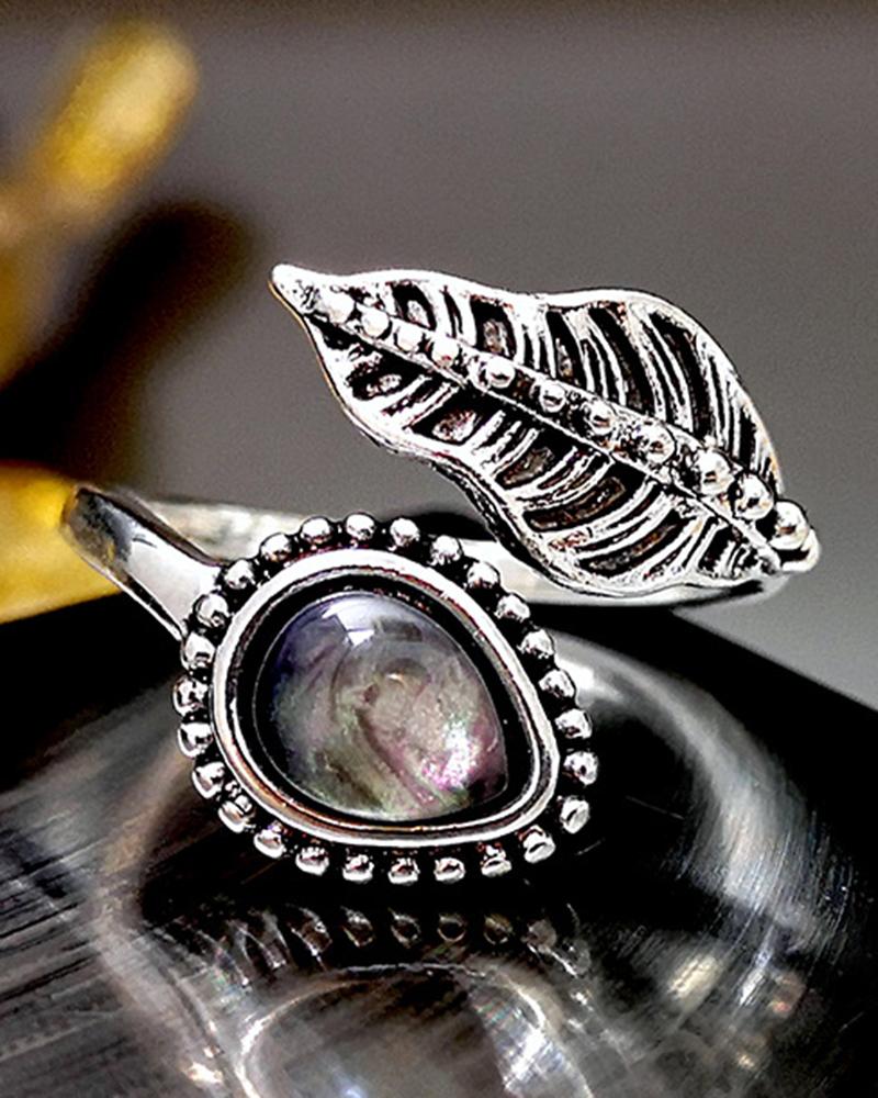 

1pc Vintage Crystal Stone Leaf Shaped Opening Ring, Silver
