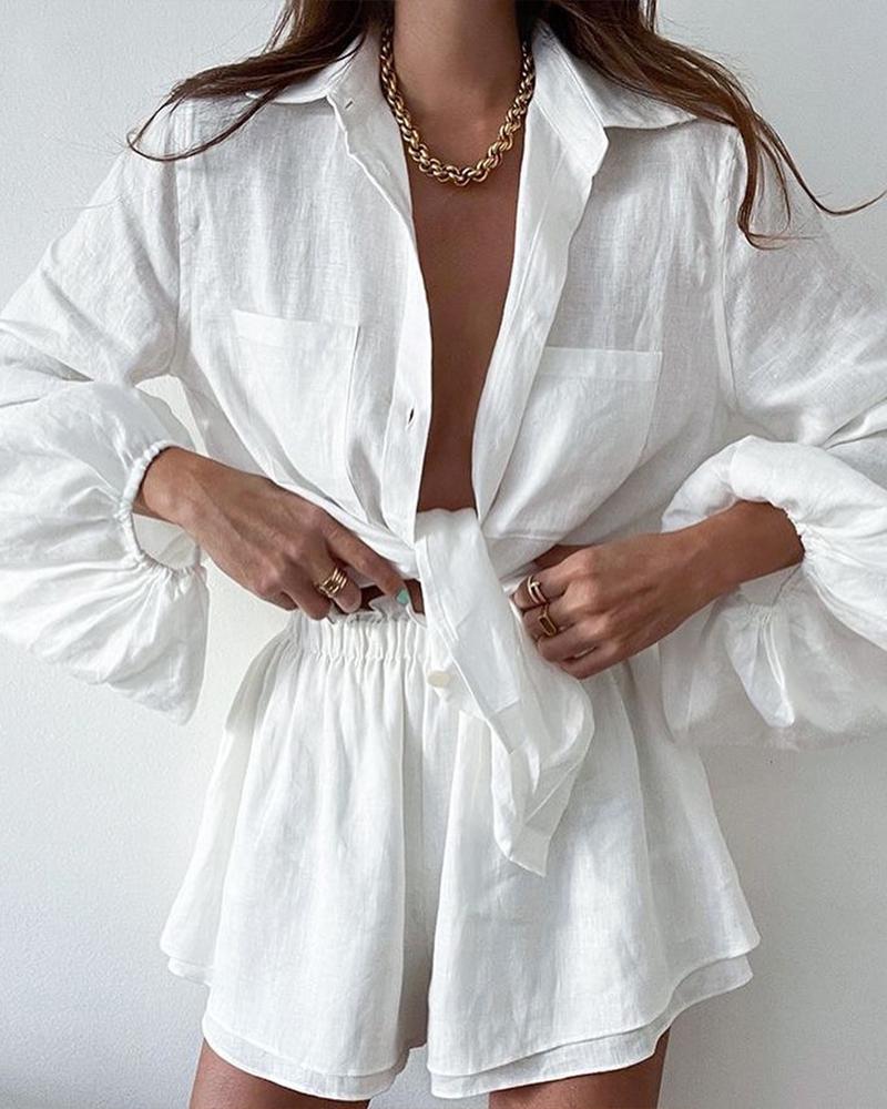 

Lantern Sleeve Button Down Shirt & Layered Shorts Set, White
