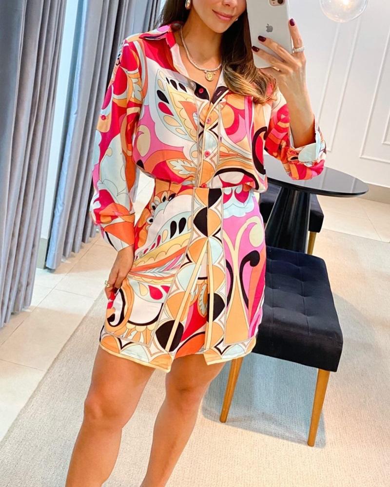 

All Over Print Shirt & Skirt Set, Multicolor