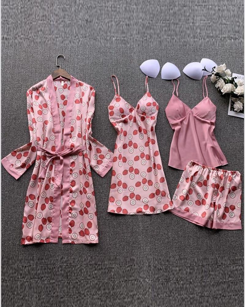 

4PCS Strawberry Print Padded Cami Set With Nightdress & Belted Robe, Style3