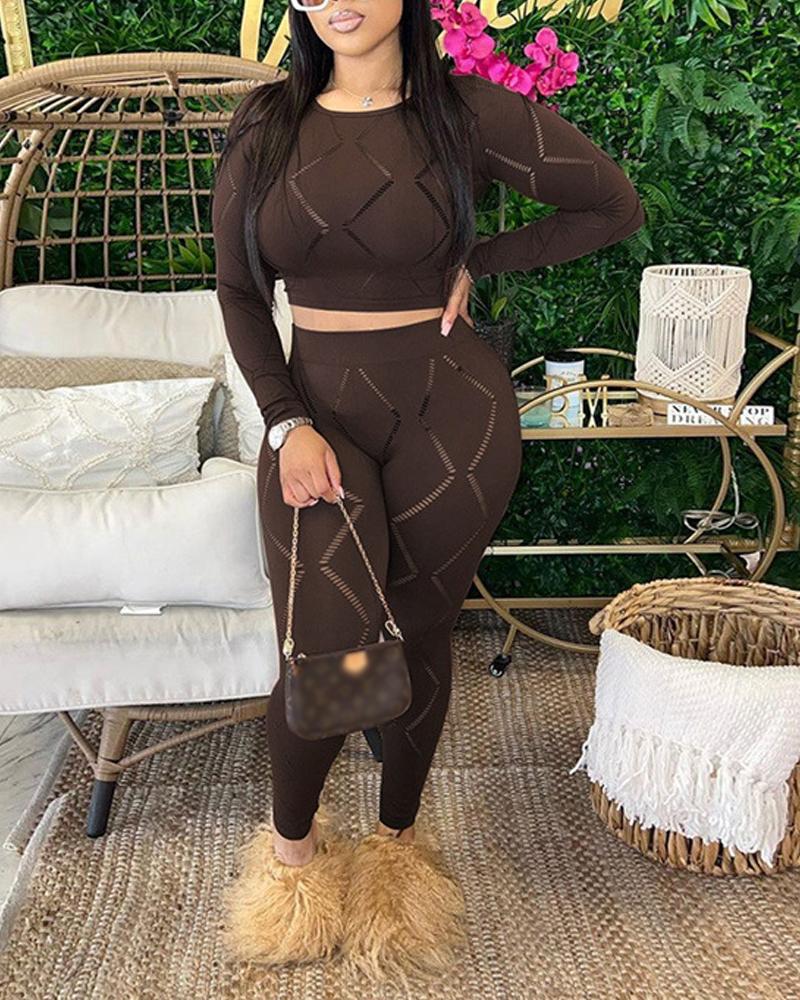 

Hollow Out Long Sleeve Crop Top & Skinny Pants Set, Coffee