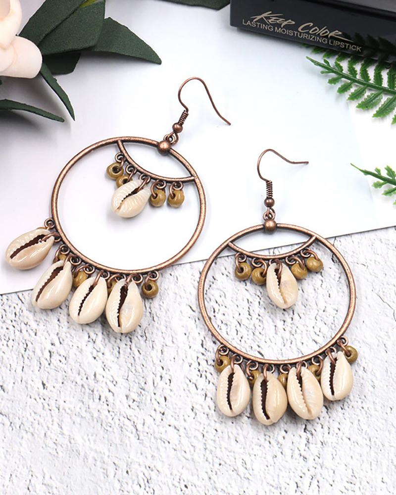 

1Pair Shell Decor Tassel Design Circle Drop Earrings, Gold