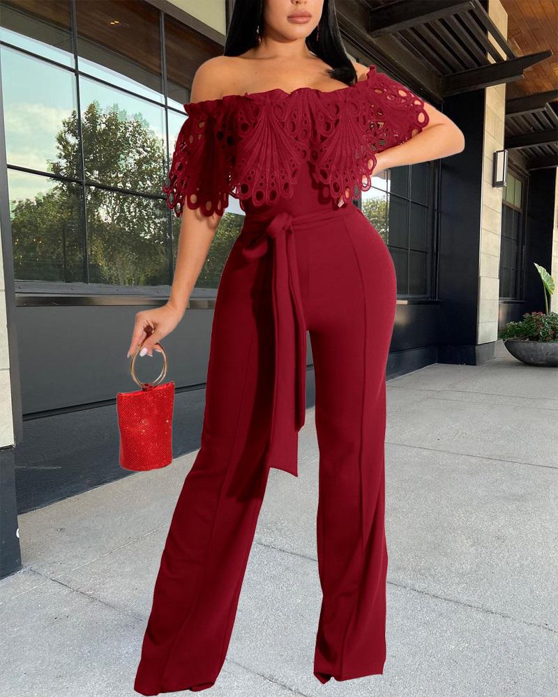 

Frill Hem Lace Patch Tied Detail Jumpsuit, Wine red