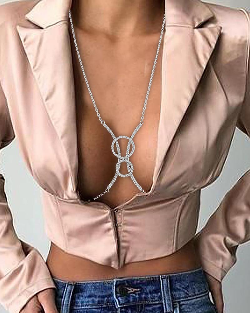 

O-Ring Rhinestone Decor Body Chain, Silver