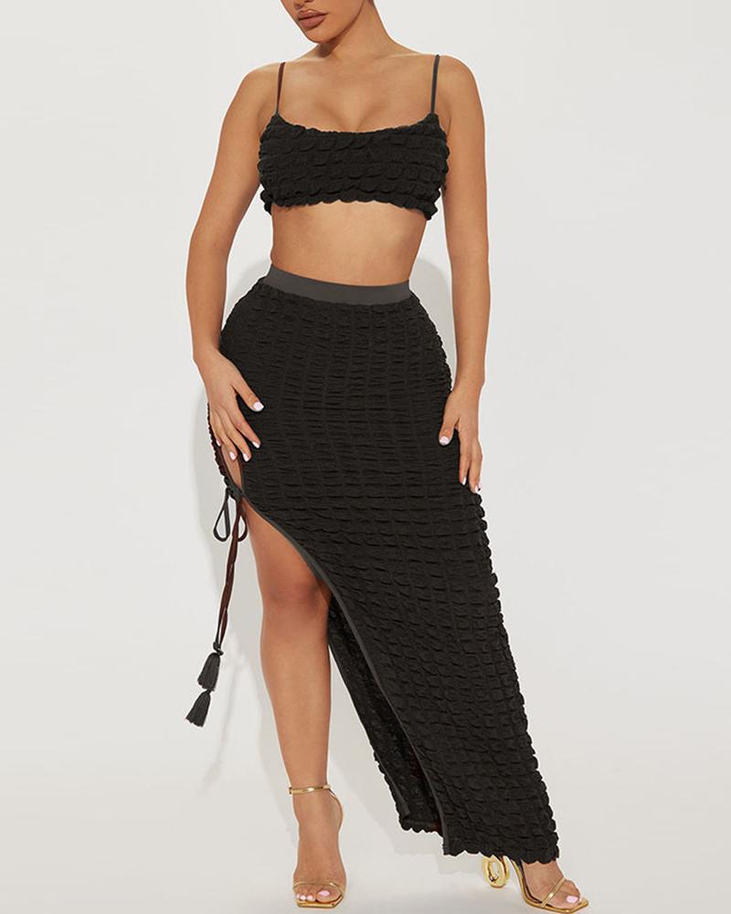 

Bubble Textured Crop Top & Tied Detail Slit Skirt Set, Black