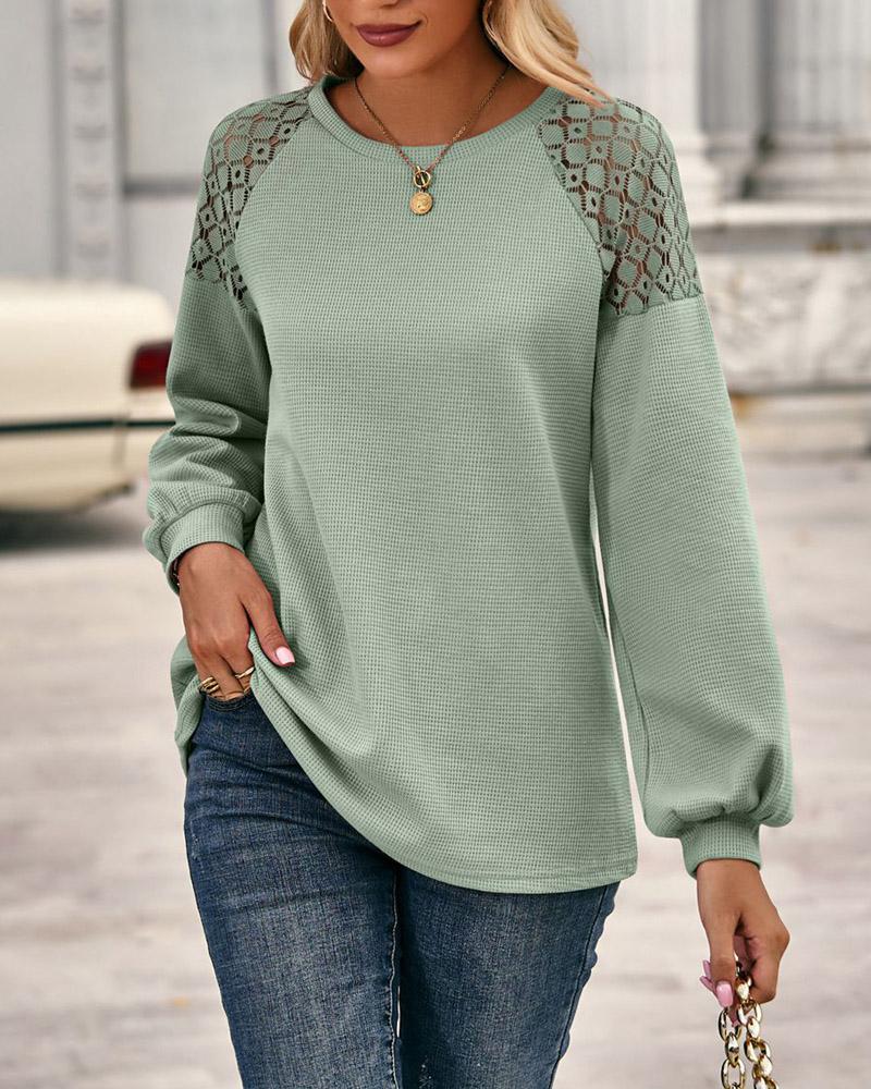 

Contrast Lace Long Sleeve Waffle Knit Top, Green