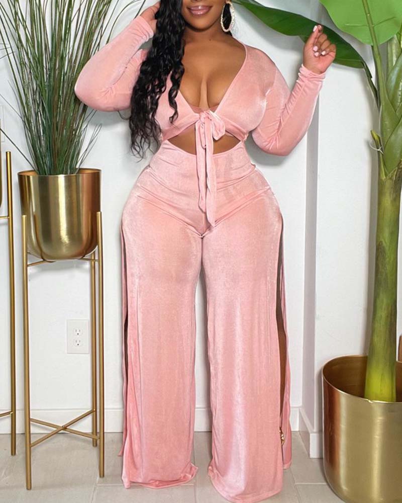

Plus Size Velvet Cut-Out V-Neck Knot Front Split Hem Wide Leg Jumpsuit, Pink