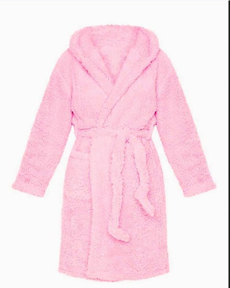 

3D Ear Pocket Design Fluffy Hooded Loungewear Robe, Pink