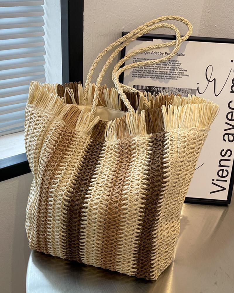 

Striped Tassel Braided Straw Tote Bag, Beige