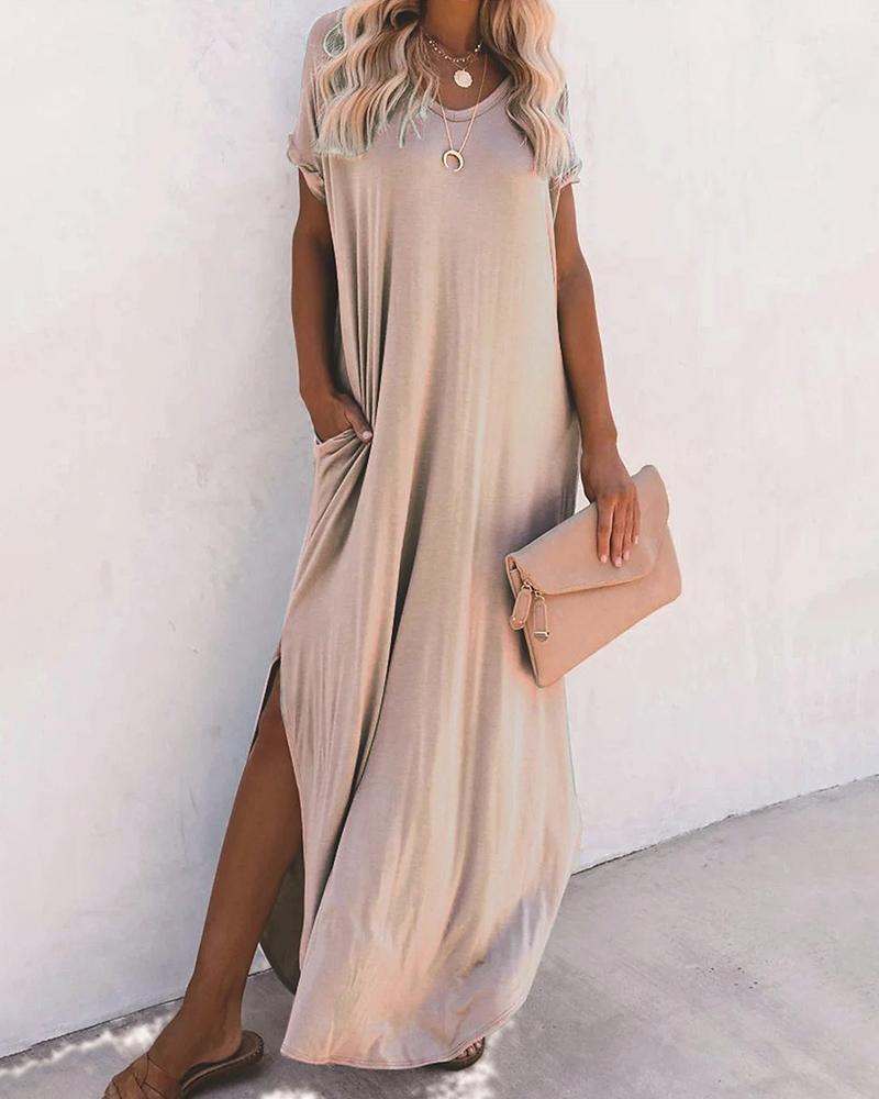 

Pocket Decor Slit Casual T-shirt Dress, Pink