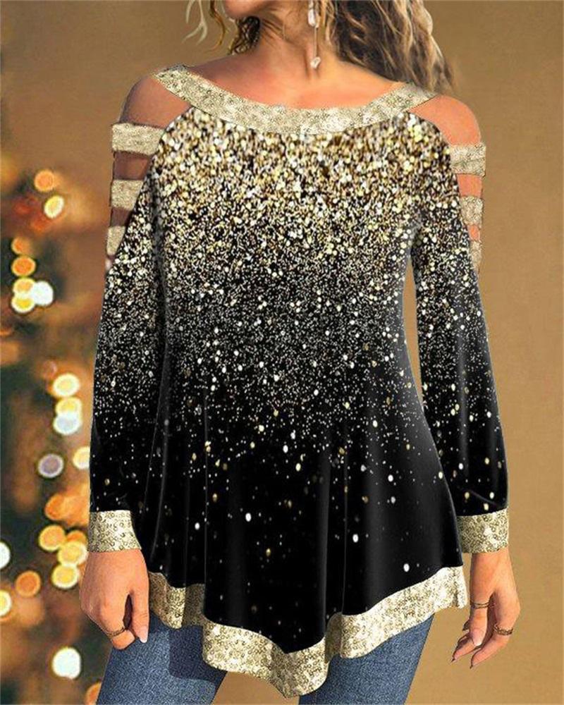 

Allover Print Cold Shoulder Top, Black