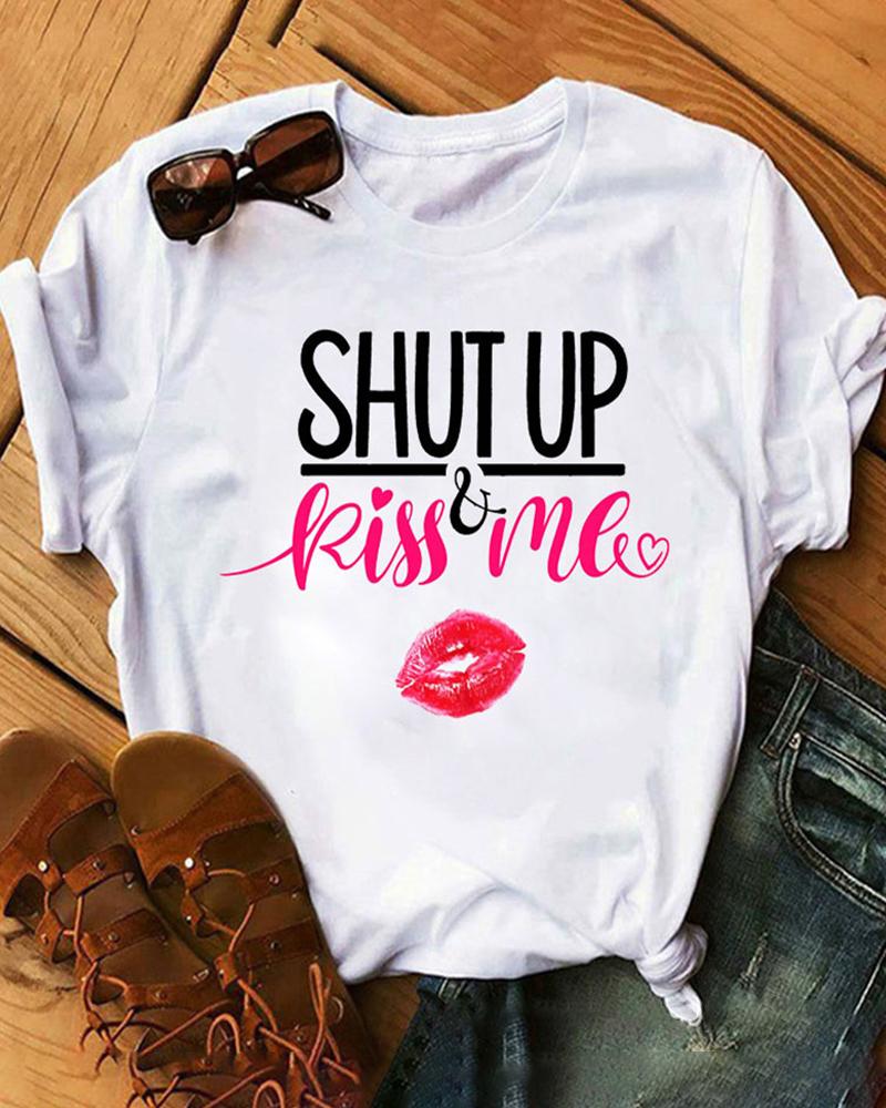 

Letter Lip Print Short Sleeve T-shirt, Style2