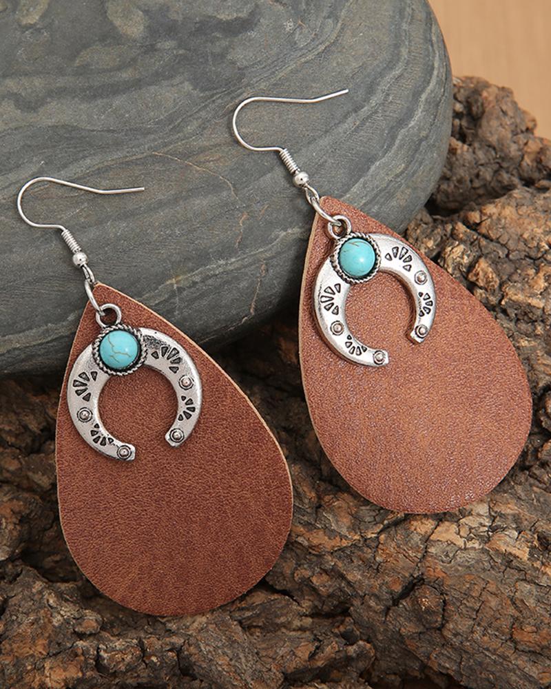 

1Pair Western Cowboy Moon Turquoise Waterdrop Hook Earrings, Brown