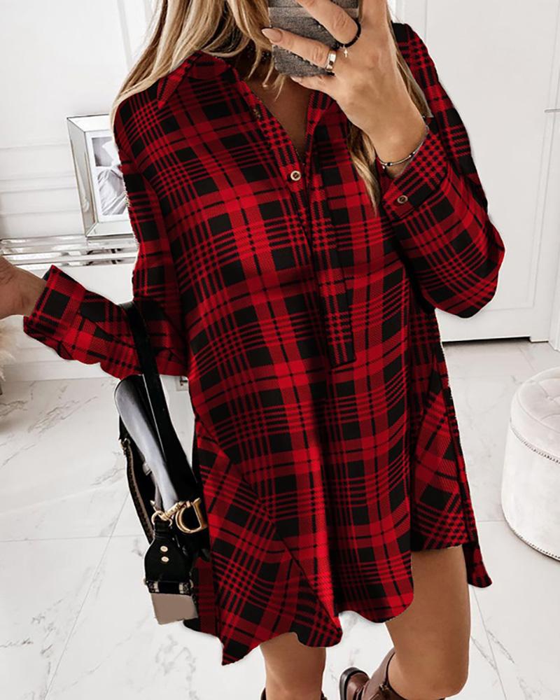 

Plaid Button Design Long Sleeve Shirt Dress, Red