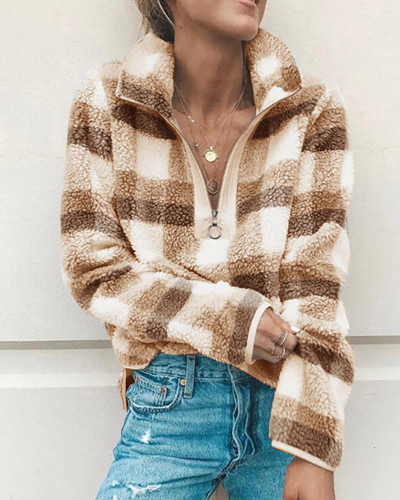 

Plaid Print Half Placket Zip Front Sweatshirt, Brown