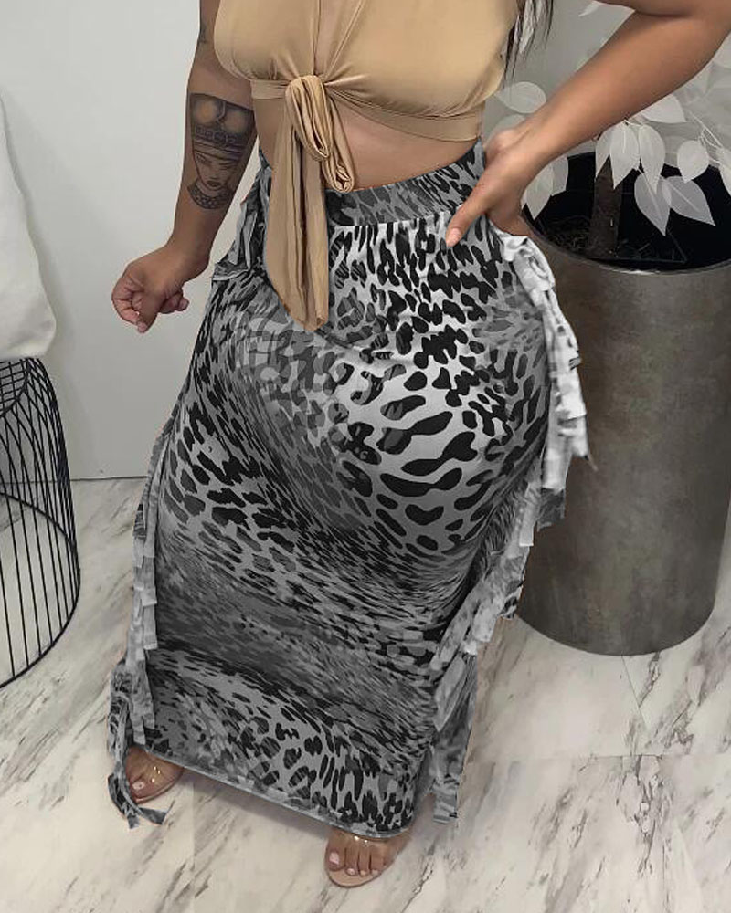 

Leopard Print Fringe Hem Maxi Skirt, Gray