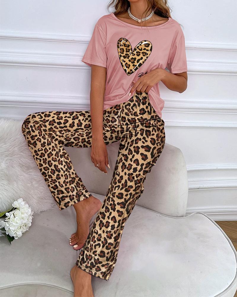 

Heart Letter Leopard Print Round Neck Pajamas Set, Pink