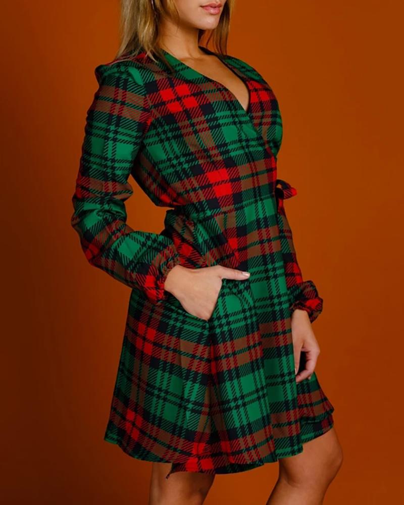 

Christmas Plaid Lantern Sleeve Wrap Dress, Green
