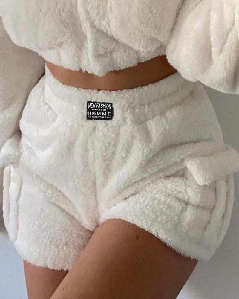 

Lable Decor Pocket Design Fluffy Shorts, White