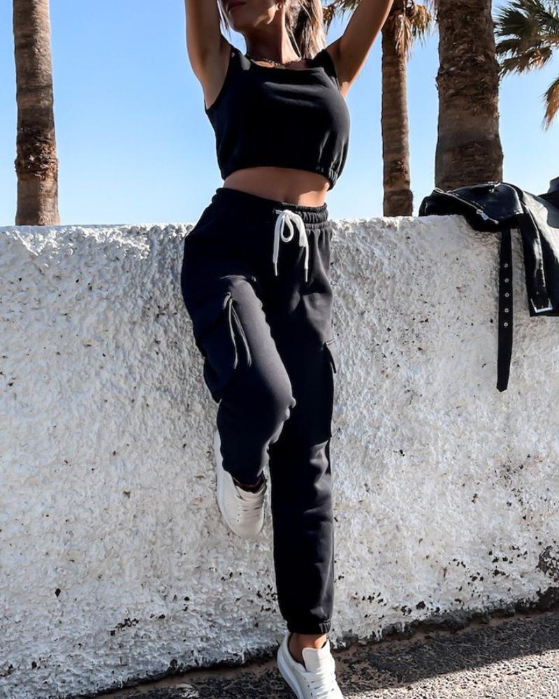 

Sleeveless Sweatshirt & Drawstring Pocket Design Pants Set, Black