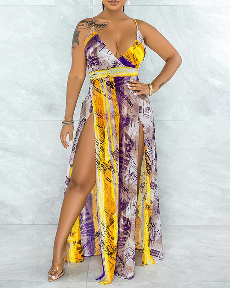 

Newspaper Print Sleeveless High Slit Maxi Dress, Purple