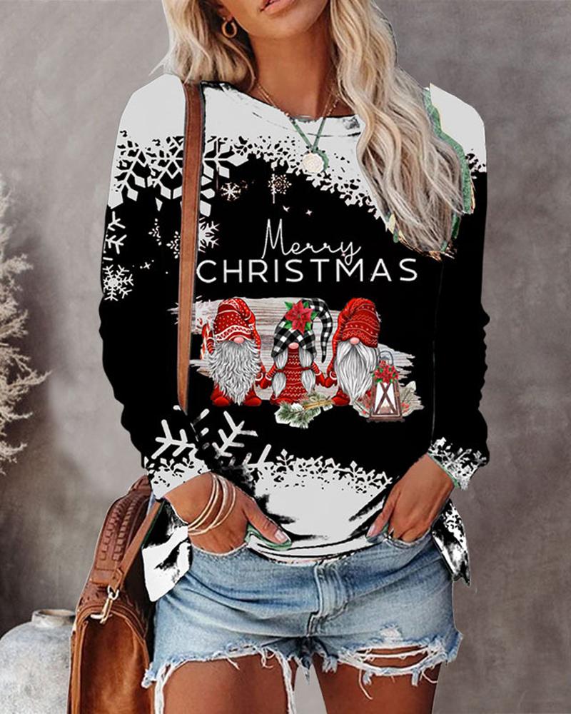 

Christmas Snowflake Gnomes Print Long Sleeve Top, Black