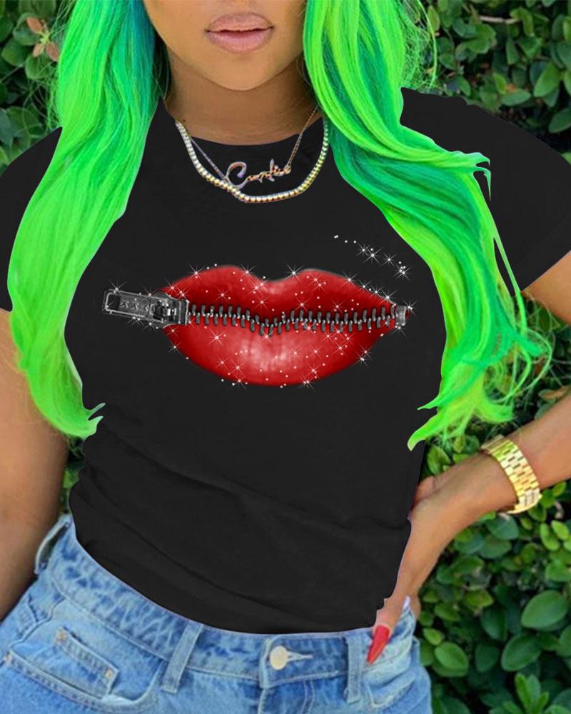 

Lip Zipper Print Short Sleeve Casual T-shirt, Black