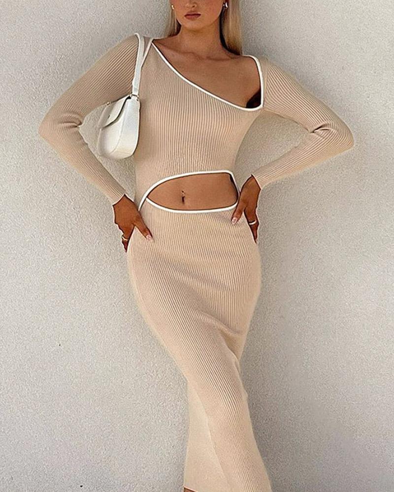 

Contrast Binding Cutout Long Sleeve Bodycon Dress, Apricot