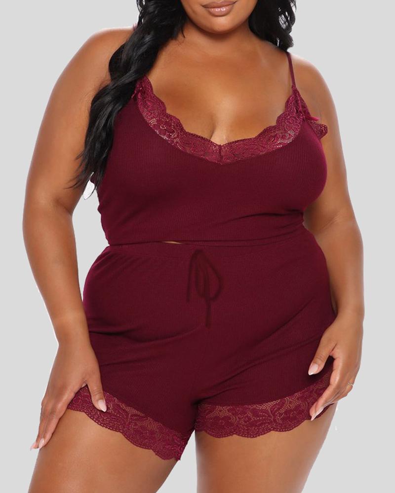 

Plus Size Split Joint Spaghetti Strap Two Pieces Cami Set, Wine red