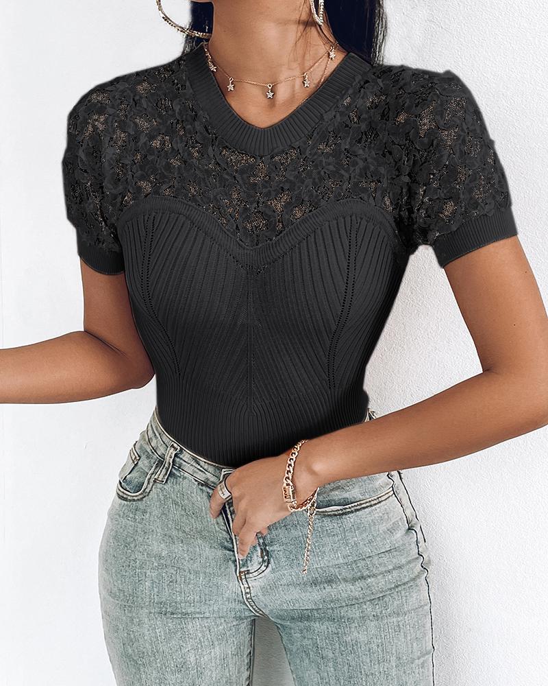 

V-Neck Lace Patch Short Sleeve Knit Sweater, Black